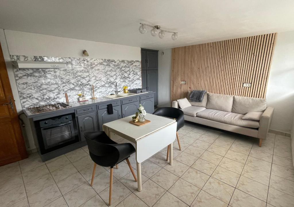 cocina y sala de estar con sofá y mesa en Appartement avec petit jardin en Bagnères-de-Bigorre