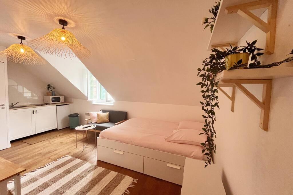 a small room with a bed and a kitchen at Charmant studio Saint-Nazaire centre in Saint-Nazaire