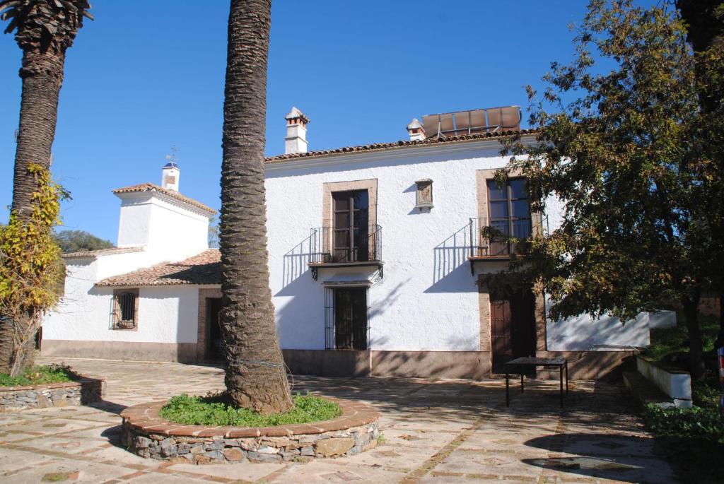 una casa blanca con una palmera delante de ella en Cortijo San Rafael, en Constantina
