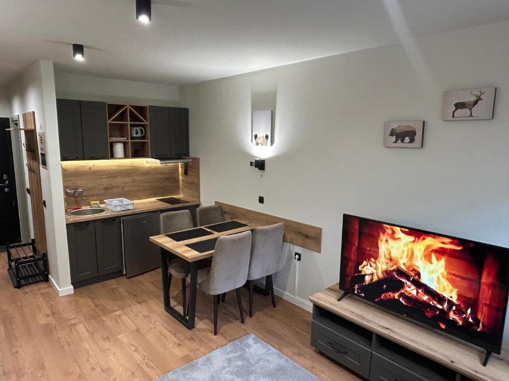 a living room with a table and a fireplace at Apartman Mist - Bela Reka Kopaonik in Brzeće