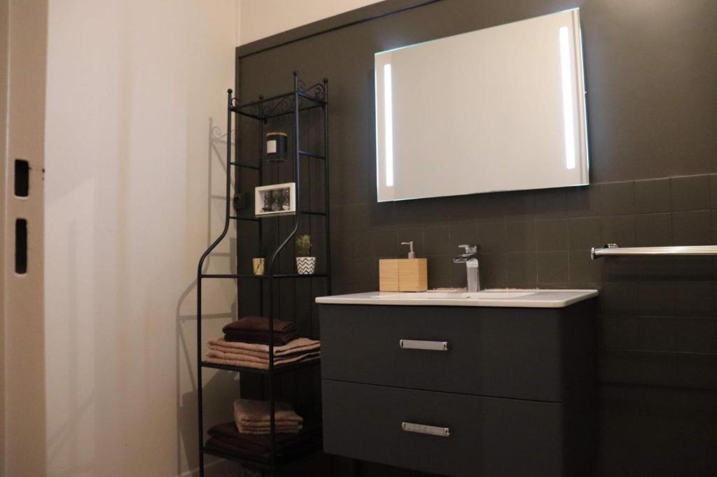 een badkamer met een wastafel en een spiegel bij AVENUE DE CHAMPAGNE in Épernay