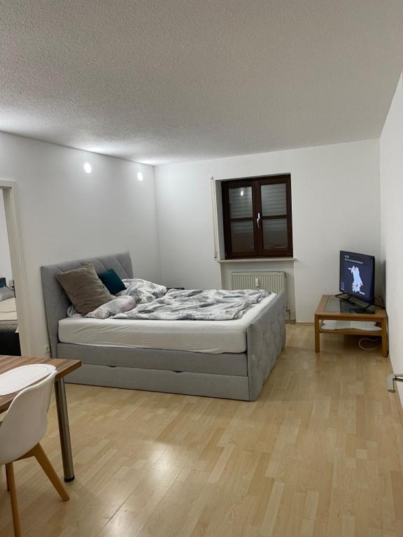 a bedroom with a bed and a tv in it at Helle Zwei-Zimmer-Stadt-Wohnung am Bismarkplatz mit Tiefgarage in Landshut