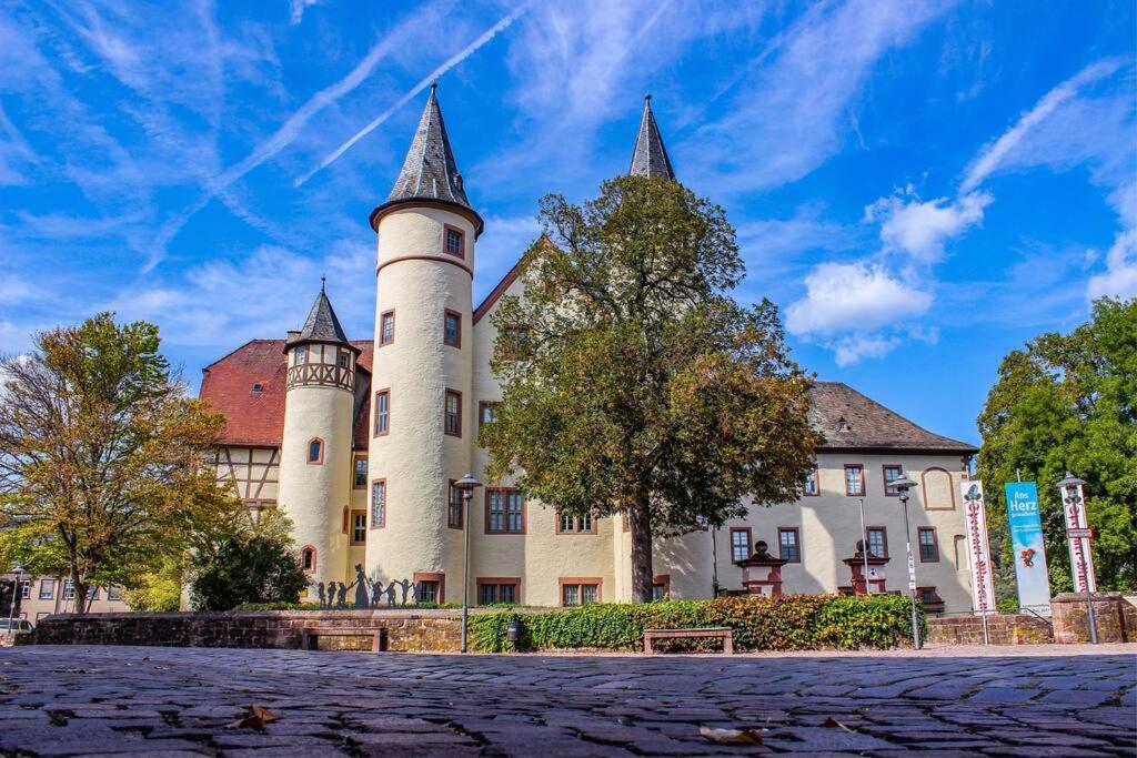 un castillo con dos torres en la parte superior de un edificio en Apartment am Schloss, en Lohr