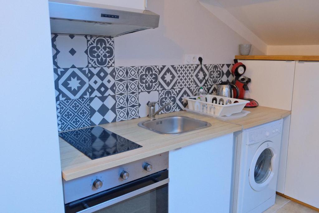 a kitchen with a sink and a washing machine at Isabelli in Aix-en-Provence