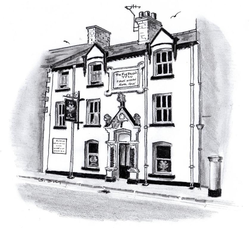 a black and white drawing of a building at The Feathers in Ruthin