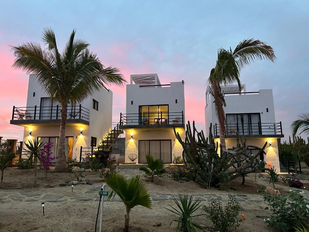 a building on the beach with palm trees in front at Villas Del Scarlet Cardones in Pescadero