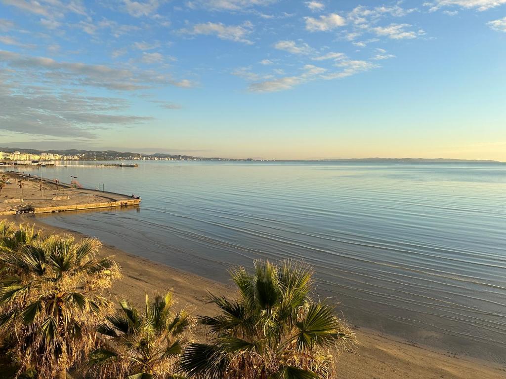 uma vista para uma praia com palmeiras e a água em Beach front Superior Apartment em Durrës