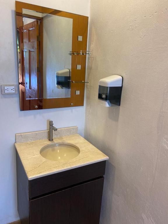 ein Bad mit einem Waschbecken und einem Spiegel in der Unterkunft Legoon View in Tortuguero
