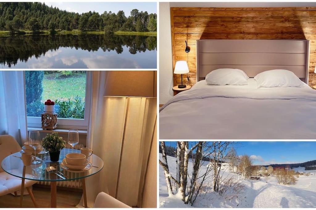 a collage of pictures of a bedroom and a lake at Traumwohnung in 1.000 Meter Höhe in Schönwald
