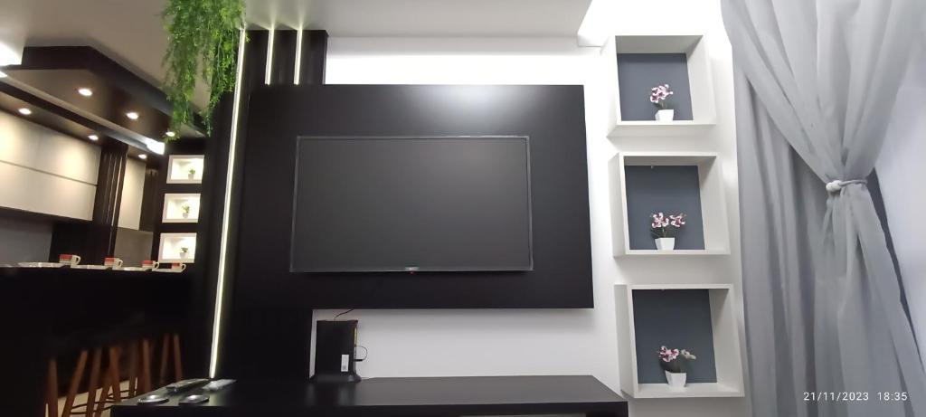 a flat screen tv on a wall with potted plants at Apto 5 Estrelas no Centro de Pelotas in Pelotas