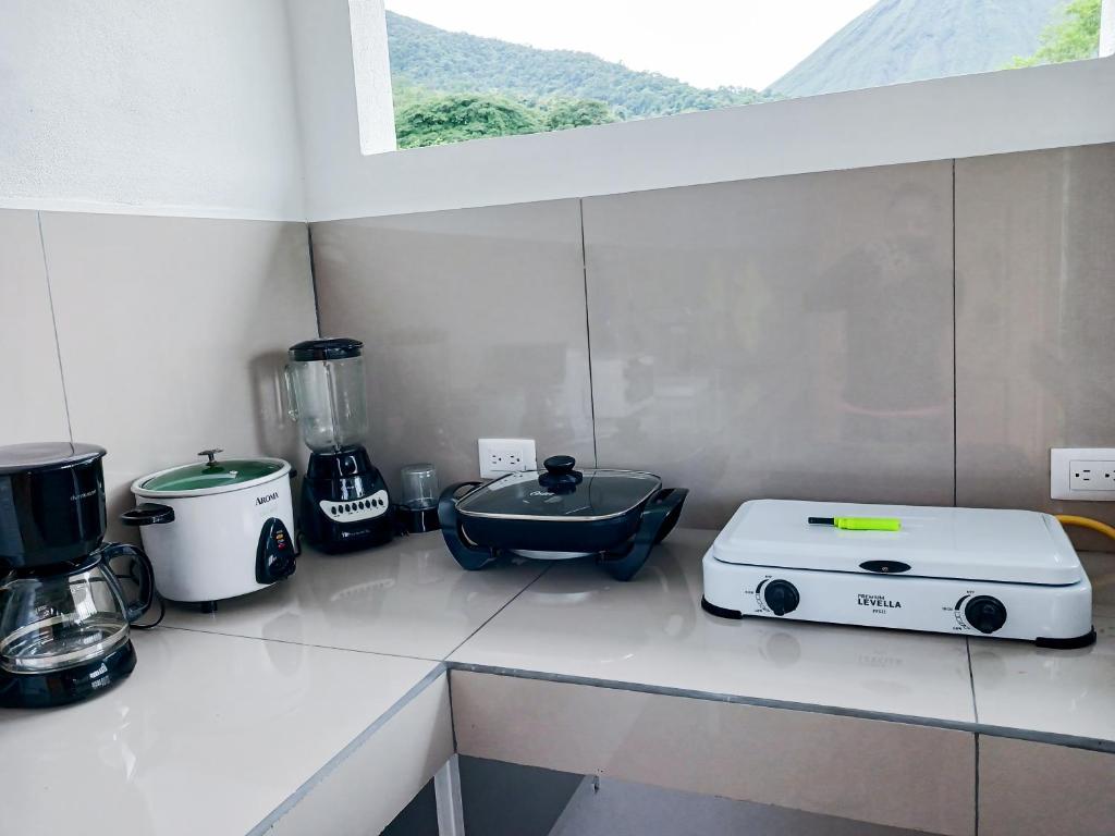 a kitchen with a counter with a toaster and a toaster and a to at Flora Glamping de Abuela in Fortuna