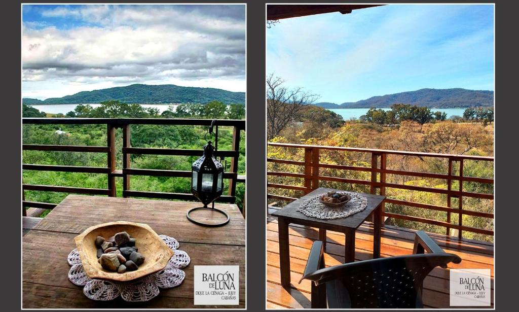 two pictures of a balcony with a table and a view at Cabañas Balcon de Luna in El Carmen