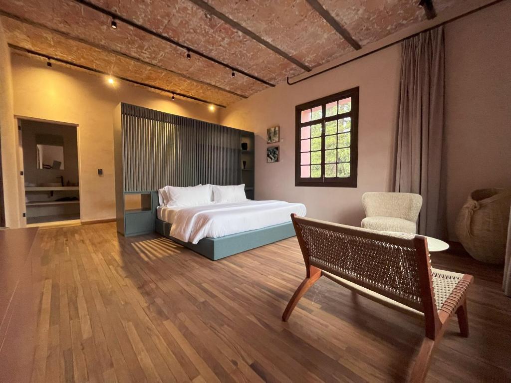 聖路易斯波托西的住宿－Casa Maka，一间卧室配有一张床、一张沙发和一把椅子