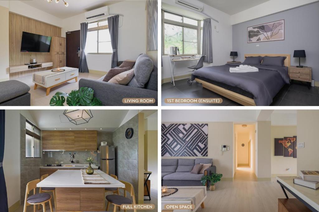 un collage de fotos de un dormitorio y una sala de estar en Perfect Family Home 3B2b Taipei 101 & MRT-4 min 完美家庭住宅 3房2衛 4分到台北101, en Taipéi