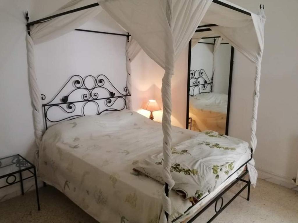 1 dormitorio con cama con dosel y espejo en JARDIN Apartments, en El Aouina