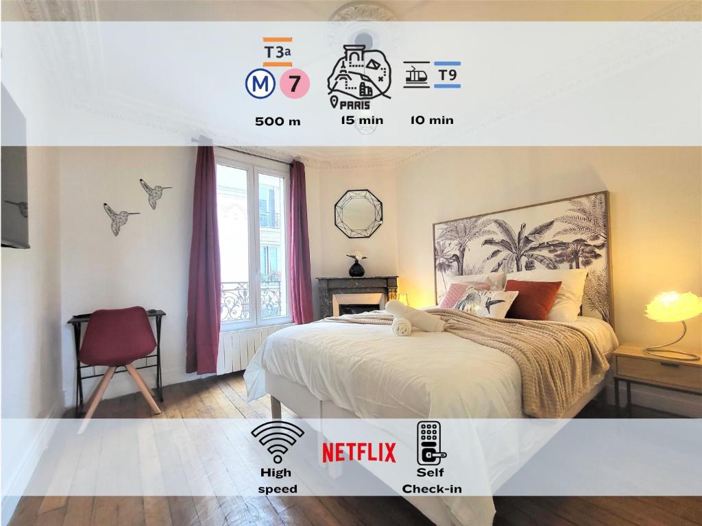 un poster di una camera con letto e finestra di L'Oasis - Charmant appartement Métro Porte d'Italie a Le Kremlin-Bicêtre