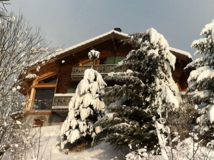 a snow covered tree in front of a log cabin at Très belle vue pour un chalet de 200 m2 in Arâches-la-Frasse