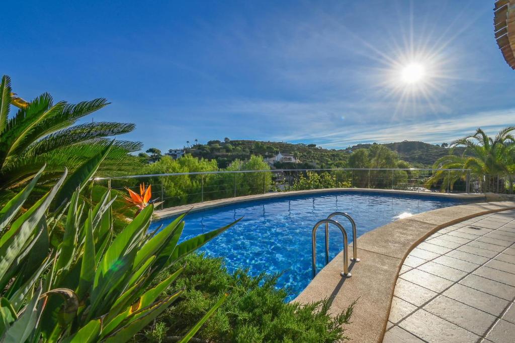 una piscina in un cortile con alberi e cespugli di Villa Jarmila a Jávea