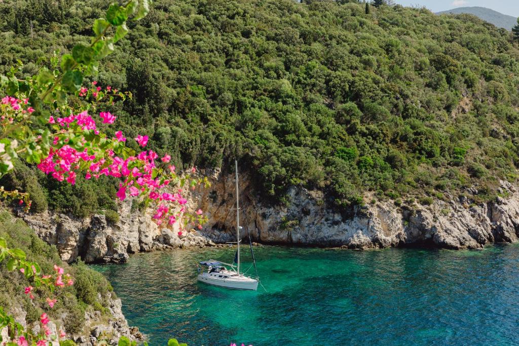 a boat in a body of water with flowers at Costa Smeralda in Syvota
