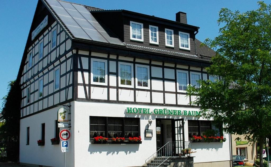 a large white building with a house at Hotel Grüner Baum in Stollberg