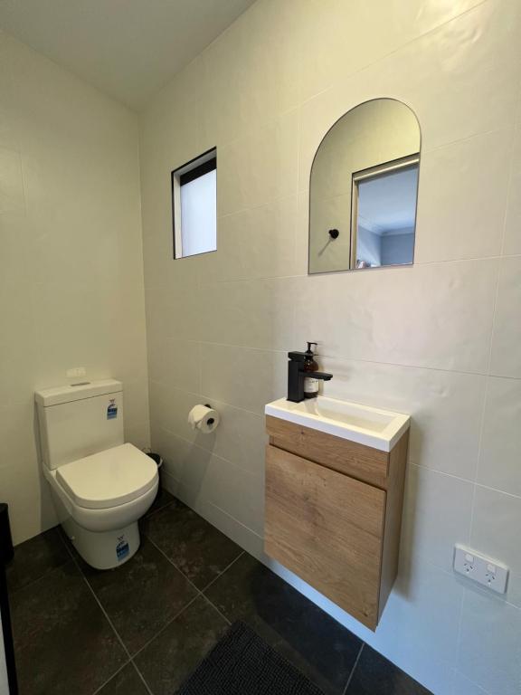 a bathroom with a toilet and a sink and a mirror at Gold Reef Adelong in Adelong