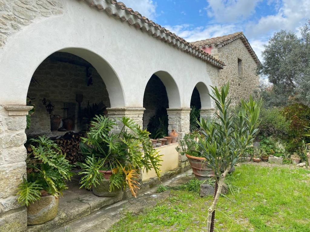 uma casa com arcos e plantas num quintal em Casa tipica sarda 