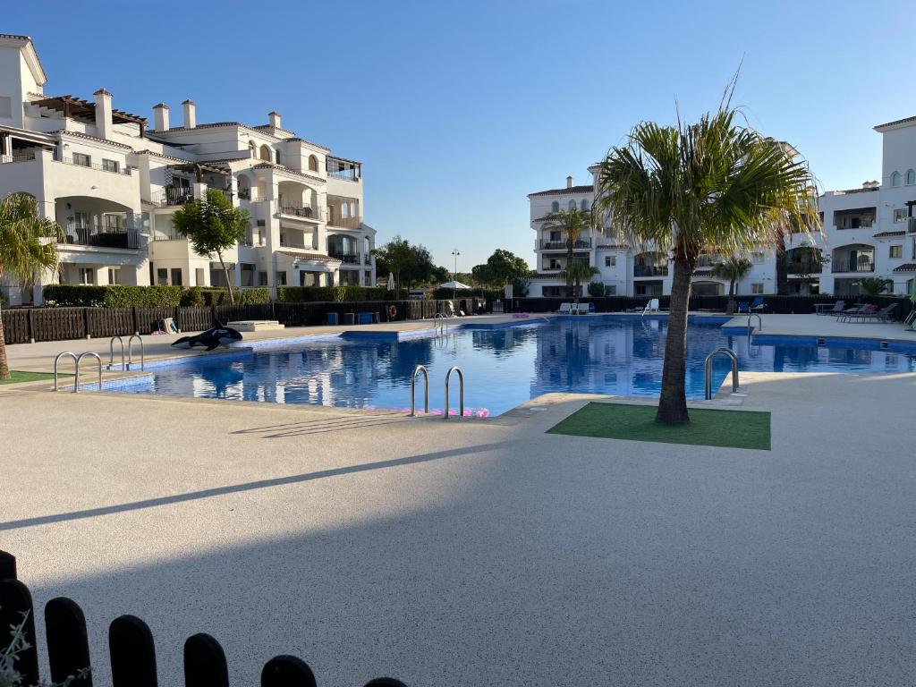 a large swimming pool with a palm tree in the middle at Two bedroom Apt., Hacienda Riquelme Golf Resort in Murcia
