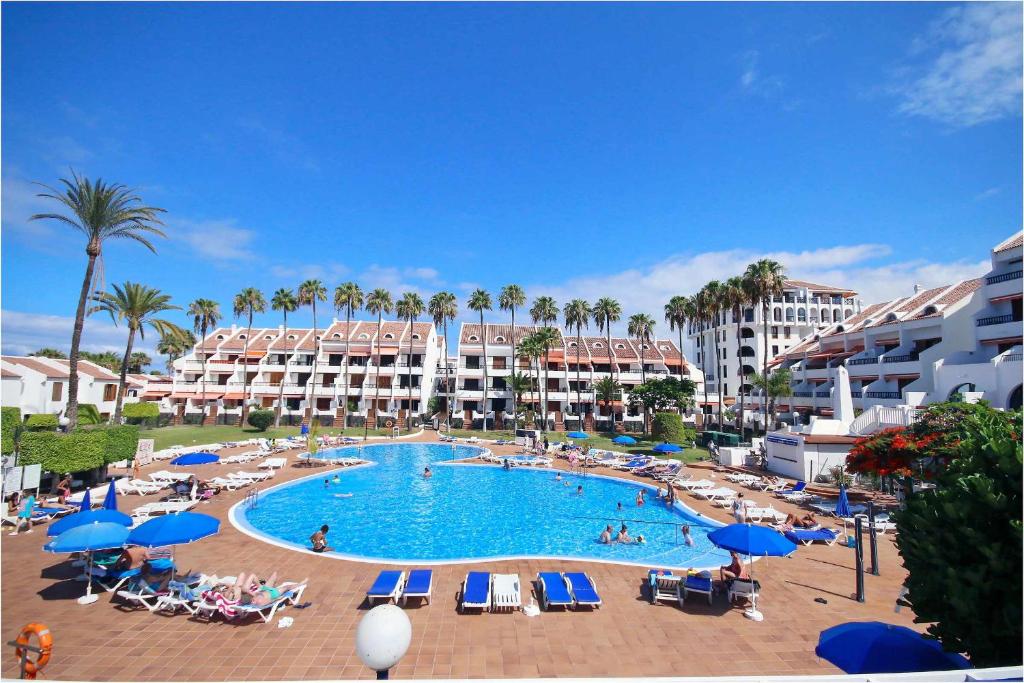a large swimming pool with palm trees and hotels at Parque Santiago II 160 by Tenerife Rental and Sales in Playa de las Americas
