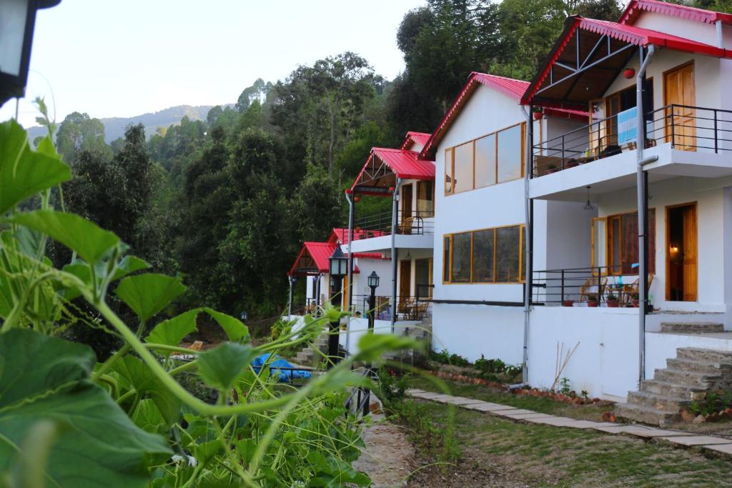 uma fila de casas brancas com telhados vermelhos em Hidden Trails Ramgarh, Nainital em Rāmgarh