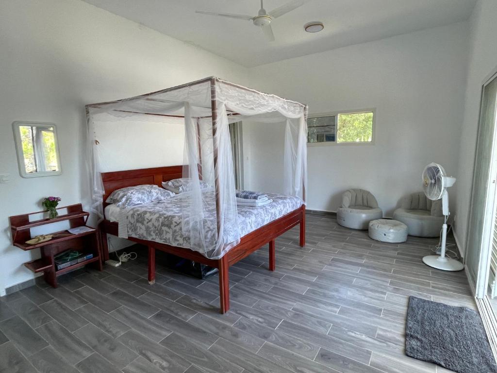 a bedroom with a bed with a canopy at Salama Eco-Lodge and Hostel in Mitsamiouli