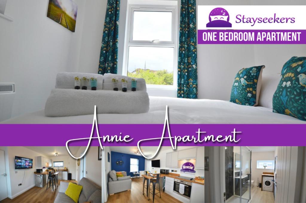 a bedroom and a living room with a large bed at Annie 1 bed Apartment next to rail station - STAYSEEKERS in Salisbury