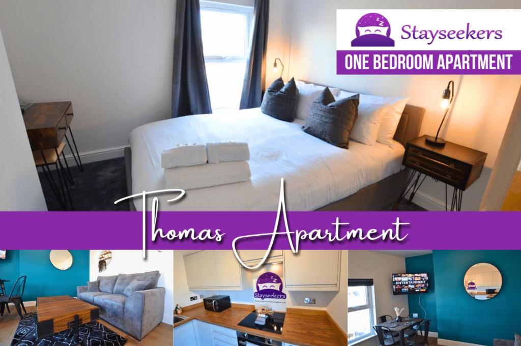a room with a large bed and a room with a one room apartment at Thomas 1 bed Apartment with cathedral views - STAYSEEKERS in Salisbury