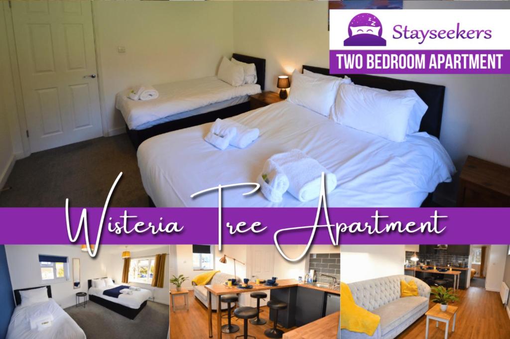 a hotel room with two beds and a room at Wisteria 2 bed House - STAYSEEKERS in Salisbury