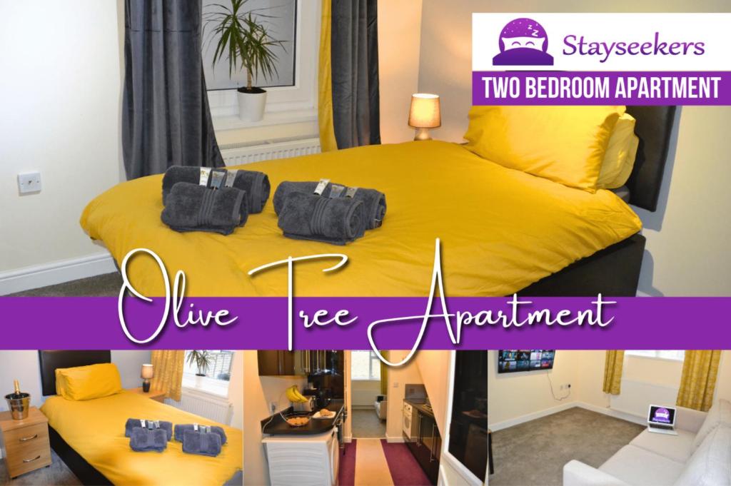 Un dormitorio con una cama amarilla con dos bolsas. en Olive Tree 2 bed Apartment - STAYSEEKERS en Salisbury