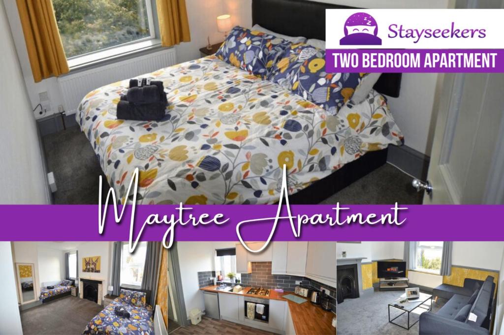 um quarto com uma cama e um quarto com uma cama roxa em Maytree 2 Bed Apartment - STAYSEEKERS em Salisbury