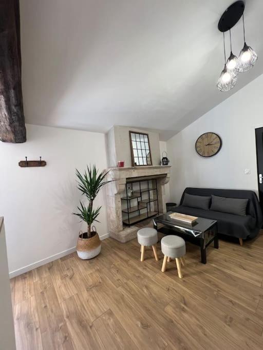 a living room with a couch and a fireplace at Gîte de Camya à Coulon in Coulon