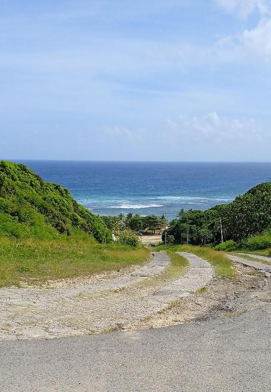a dirt road with the ocean in the background at Villa Flora, escapade champêtre in Petit-Canal