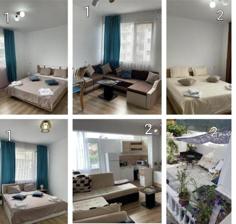 4 Bilder eines Wohnzimmers und eines Wohnzimmers in der Unterkunft THE CENTER Apartments Comfort in Sandanski