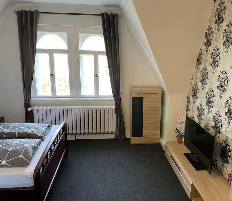 um quarto com uma cama, uma televisão e uma janela em Kleine Wohnung in schöner Villa em Meerane
