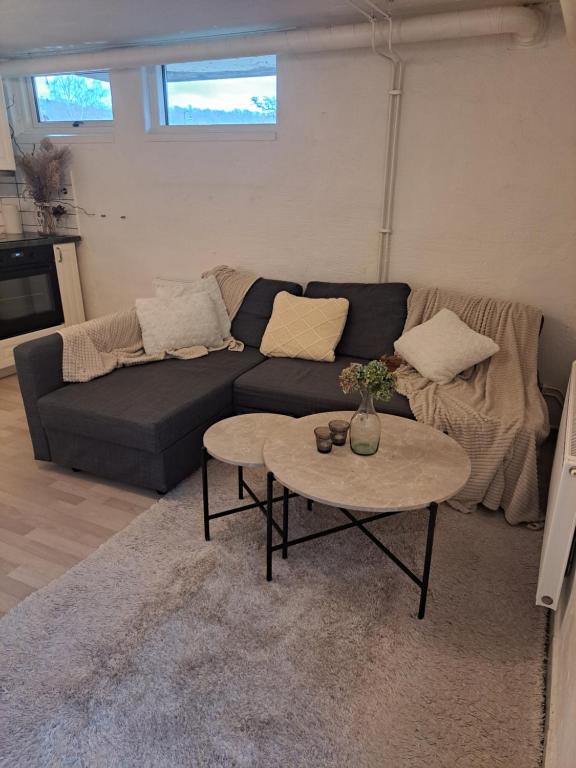 uma sala de estar com um sofá e uma mesa em Lägenhet Huskvarna em Jönköping