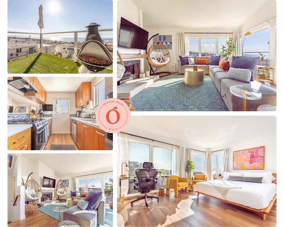 un collage de fotos de una sala de estar y una cocina en Spectacular Ocean and Pier View Lux Family Vacation, en Manhattan Beach