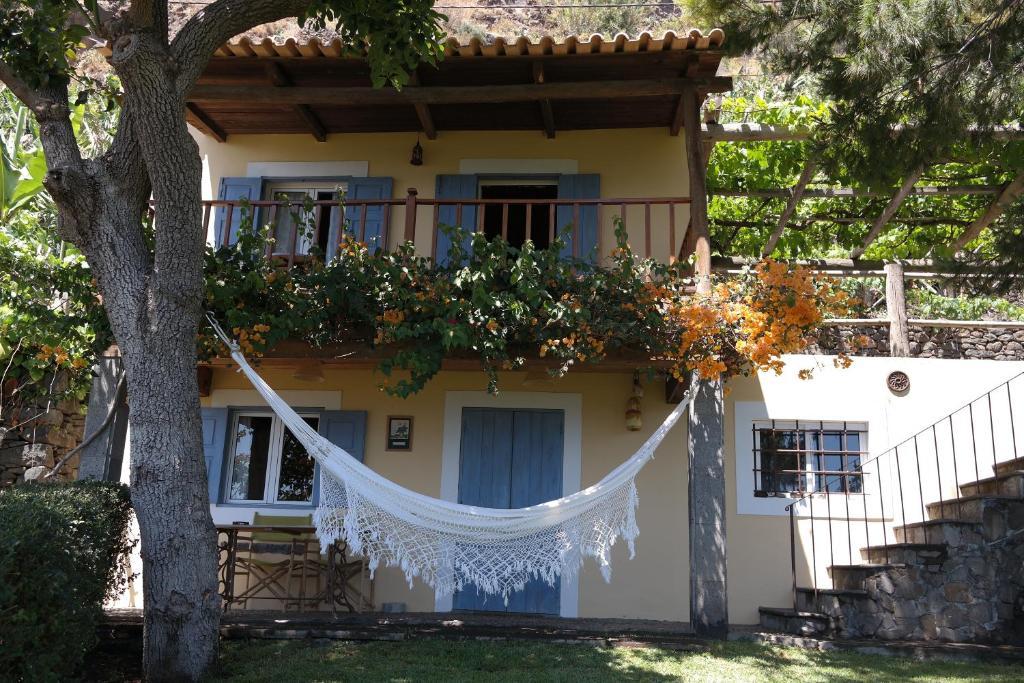 dom z hamakiem wiszącym na drzewie w obiekcie Chalet Tropical w mieście Arco da Calheta