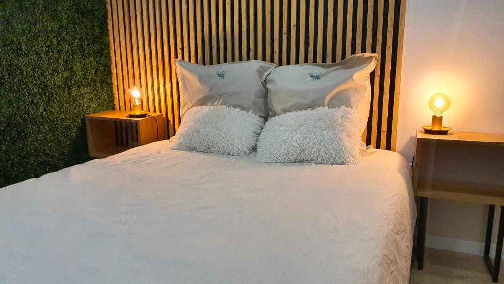 uma cama branca com almofadas brancas e 2 candeeiros em Le Cinq Bis : centre-ville*proche gare*parking em Vesoul