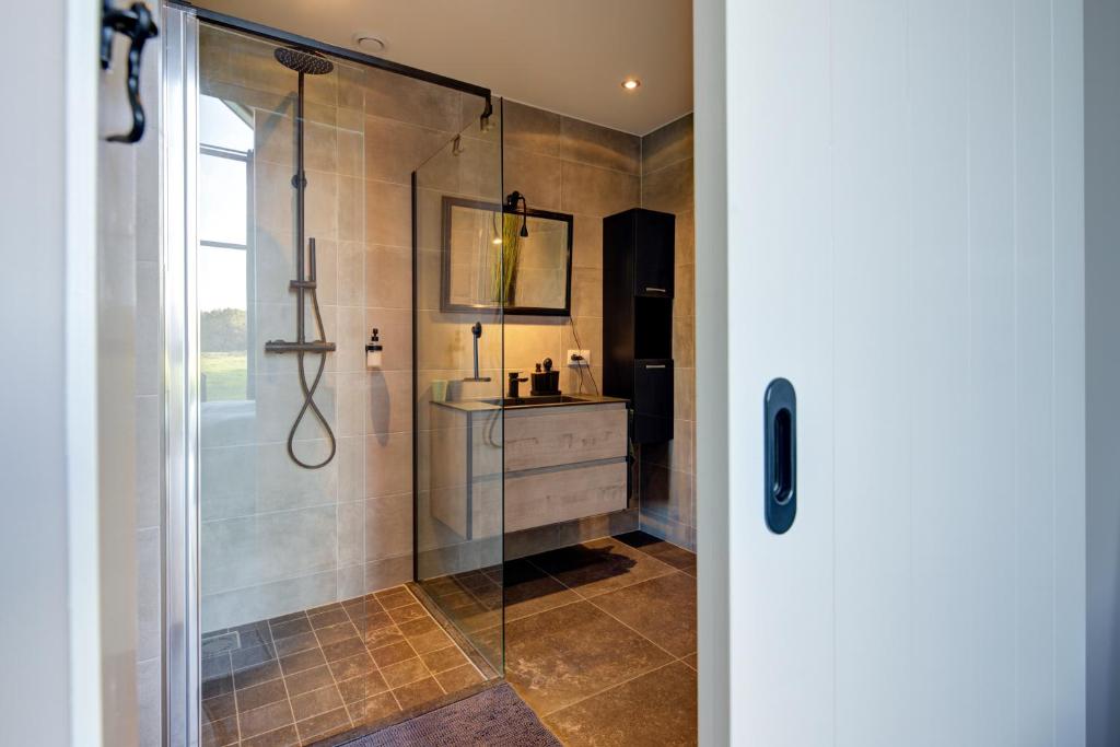 ein Bad mit einer Dusche und einer Glastür in der Unterkunft Het Haerman in De Lutte
