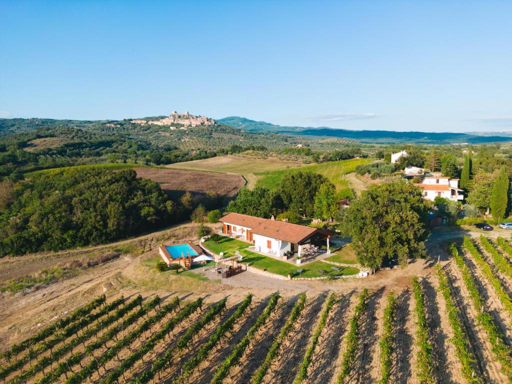 eine Luftansicht eines Bauernhofs mit einem Haus und Weinbergen in der Unterkunft Agriturismo Podere Ristella - Wine&Food in Montemassi