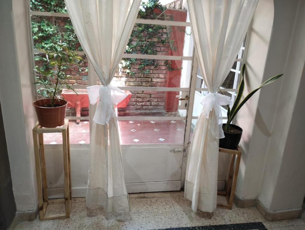 a window with white curtains in a room with plants at Houselyon in Mendoza