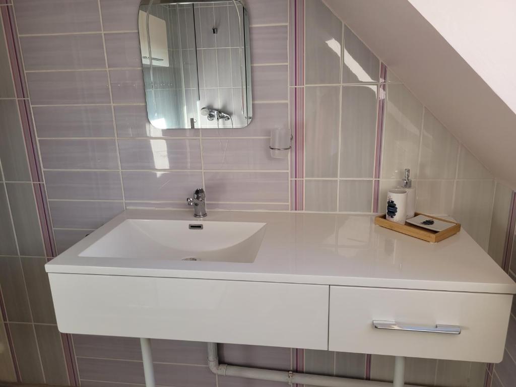 a bathroom with a white sink and a mirror at Gîte Évasion idyllique à l&#39;étage près zoo-chateaux in Faverolles-sur-Cher