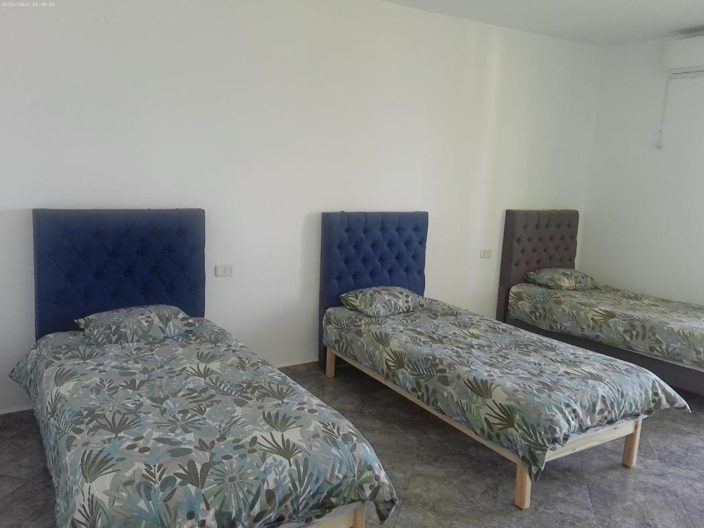 two beds in a room with blue headboards at Villa Belle-Vue in Tabarka