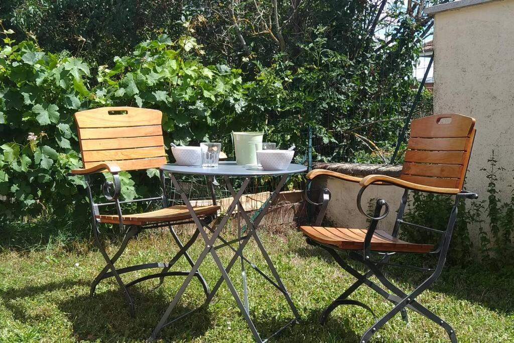 2 chaises et une table dans l'herbe dans l'établissement Studio en Rez de jardin Le clos des Cent Vignes à Beaune, à Beaune