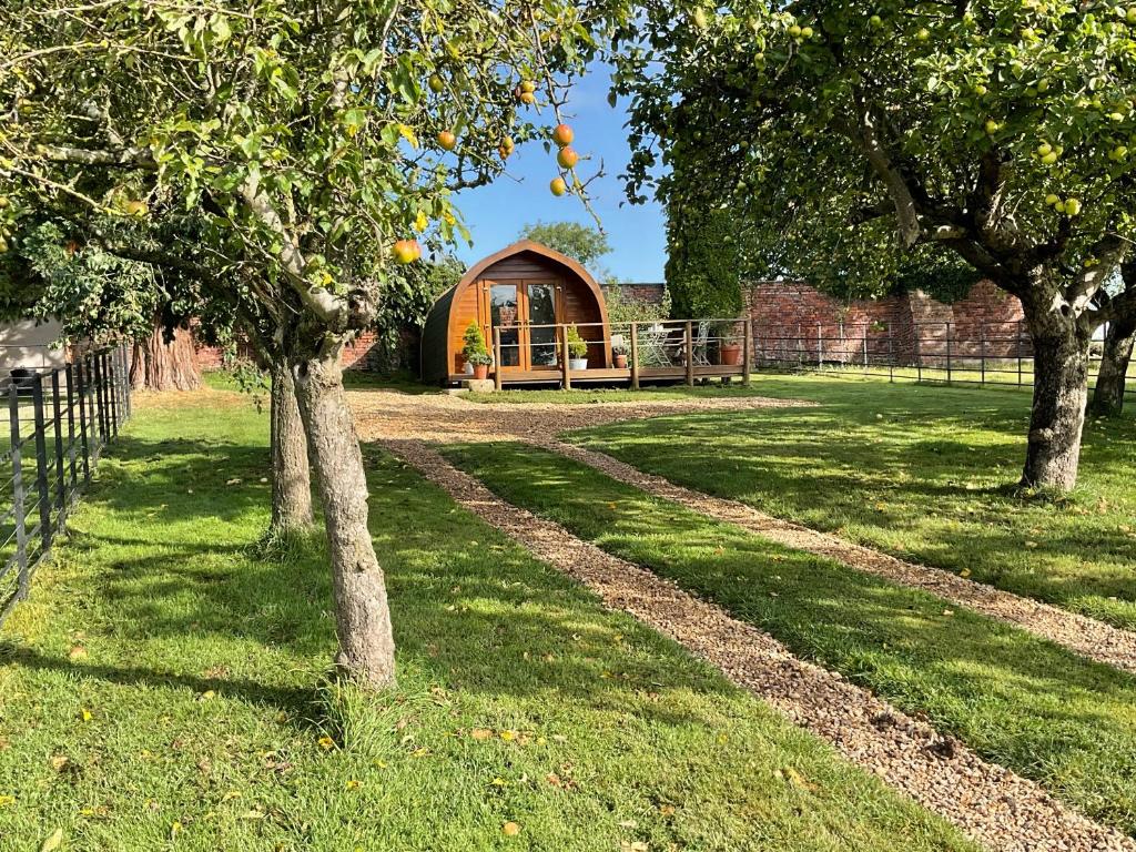 two trees in a yard with a building at Secluded Cosy Luxury Pod in Shrewsbury